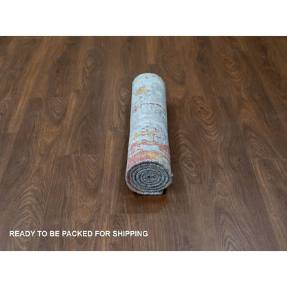 2'7"X5'8" Orange & Gray Wool And Silk Fire Design Hand Knotted Runner Rug