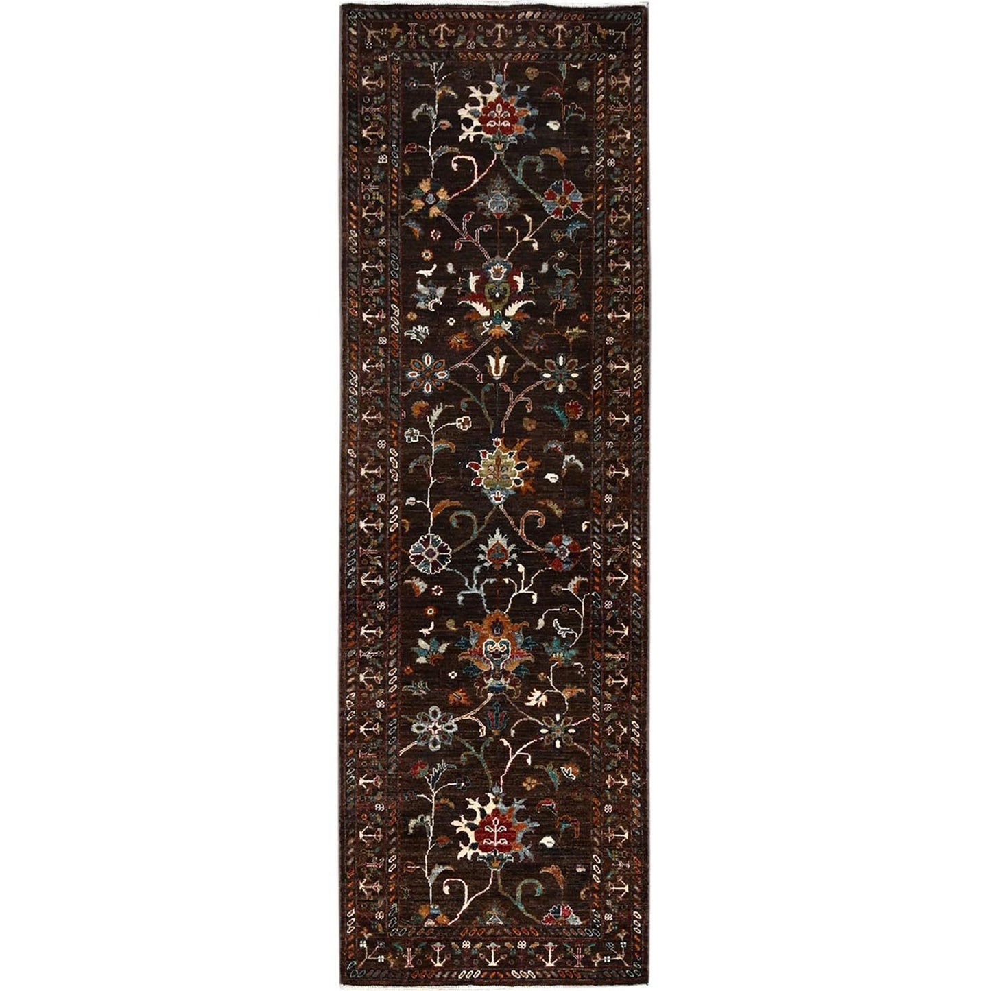 2'8"X8'5" Brown Flower Blossom Design Oriental Afghan Sultani Runner Rug