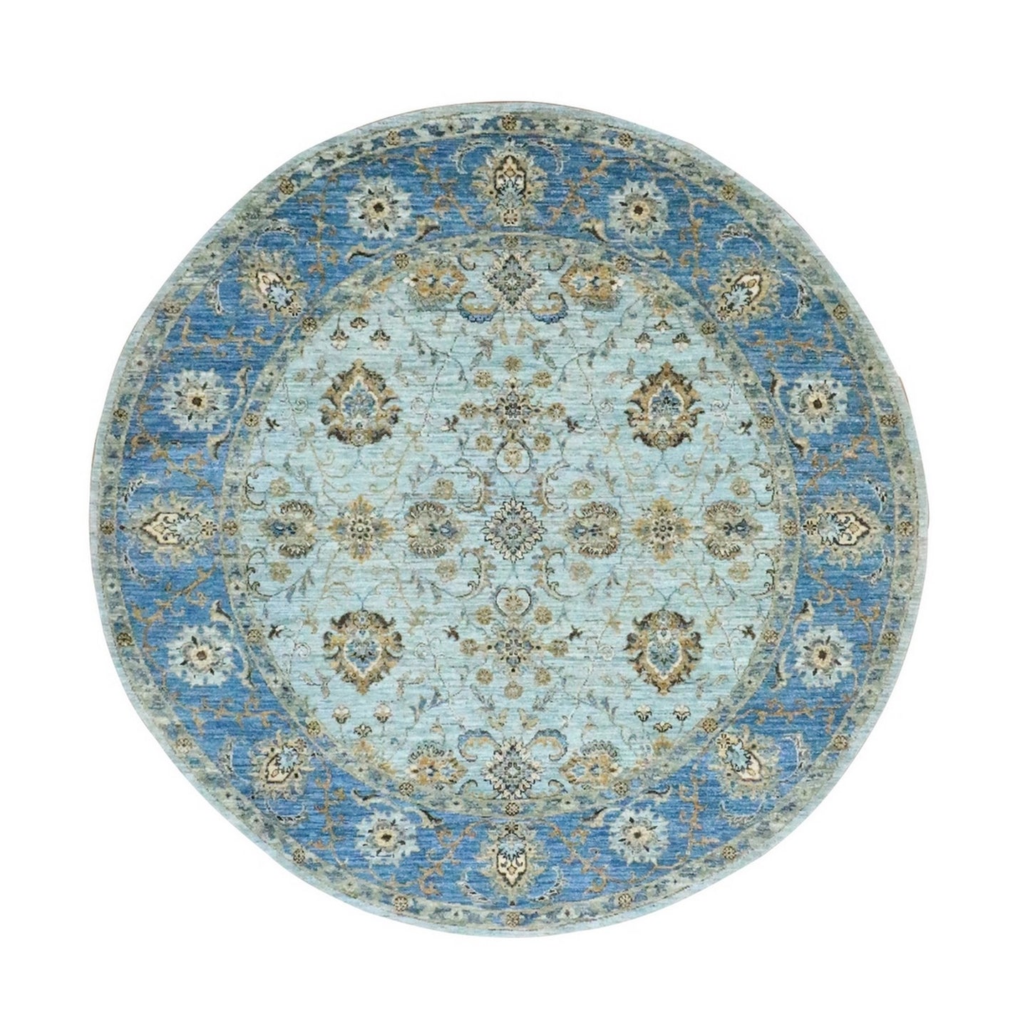 7'2"X7'2" Blue All Over Flower Design Pure Wool Hand Knotted Round Rug