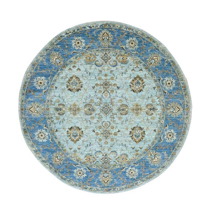 7'2"X7'2" Blue All Over Flower Design Pure Wool Hand Knotted Round Rug