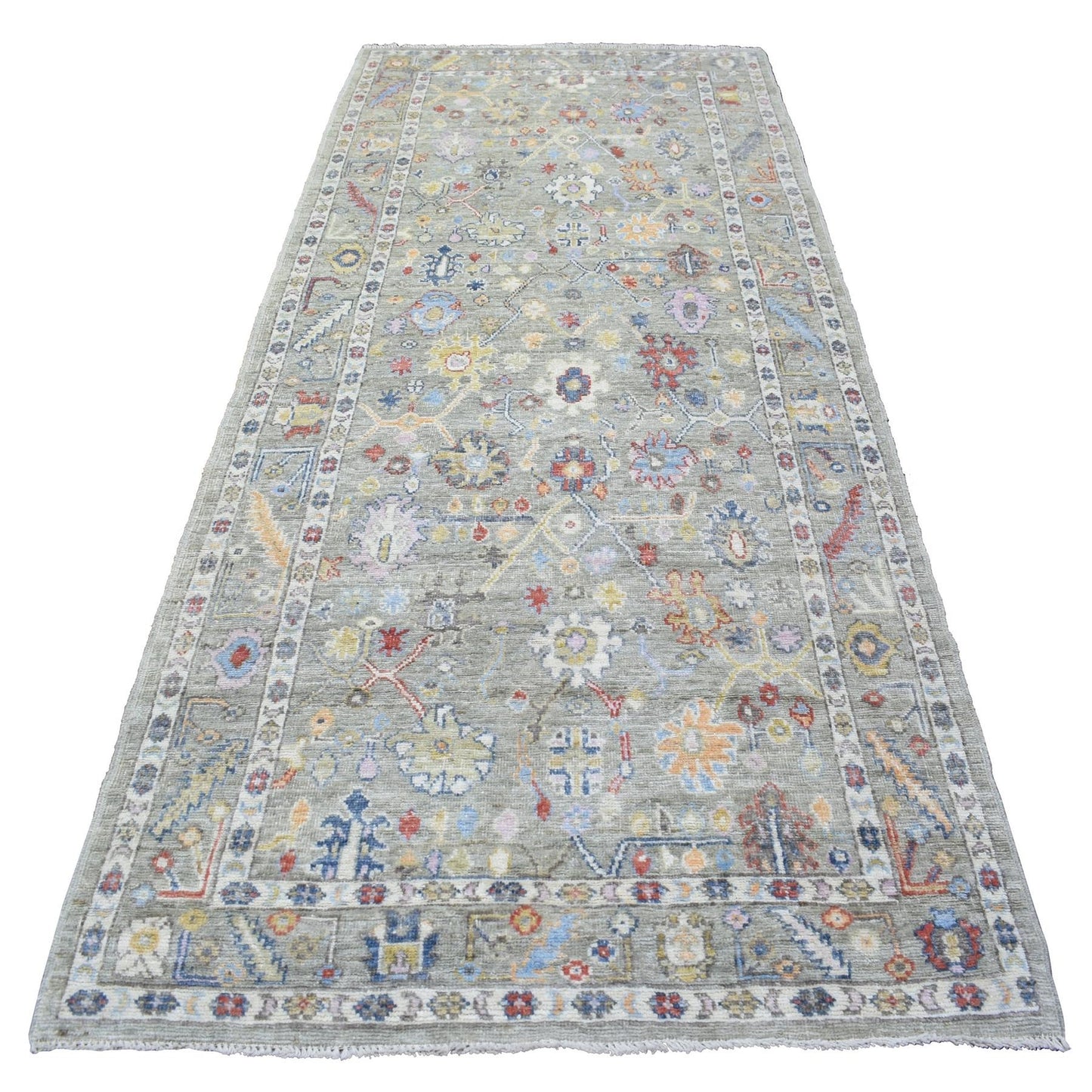 4'4"X10' Taupe Hand Knotted Wool Afghan Angora Oushak Wide Runner Rug