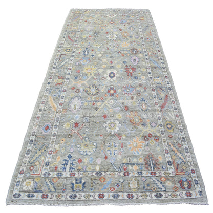 4'4"X10' Taupe Hand Knotted Wool Afghan Angora Oushak Wide Runner Rug