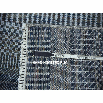 2'7"X14' Gray Wool And Silk Hand Knotted Modern Grass Design Runner Rug