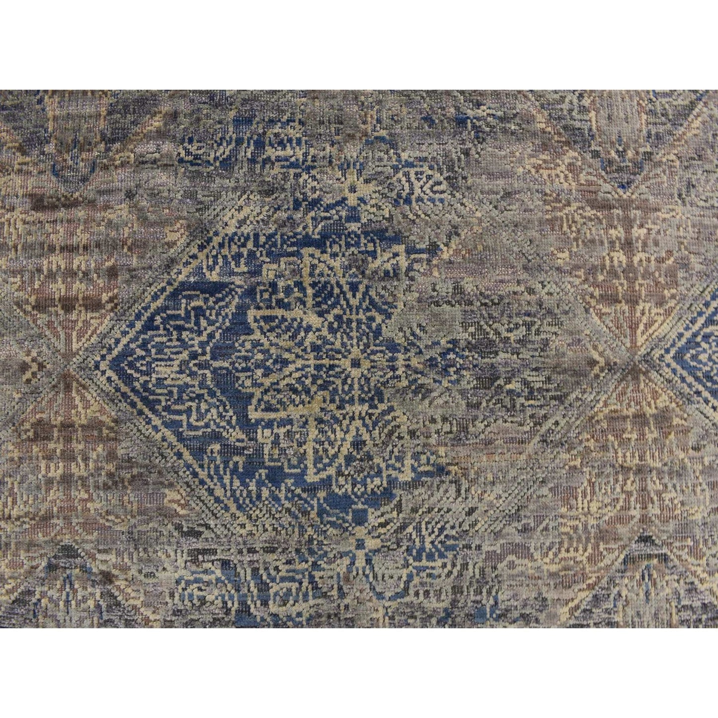 3'X5' Blue Erased Rosette Design Silk With Wool Hand Knotted Rug