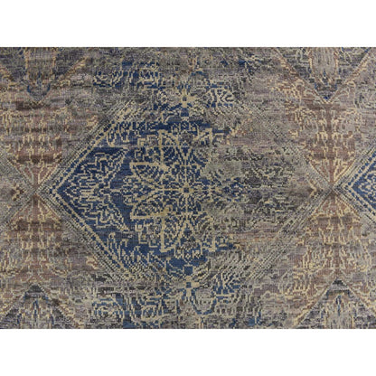 3'X5' Blue Erased Rosette Design Silk With Wool Hand Knotted Rug