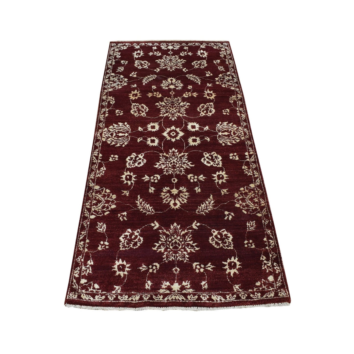 2'8"X6' Red Pure Wool Abarasque Design Hand Knotted Runner Rug