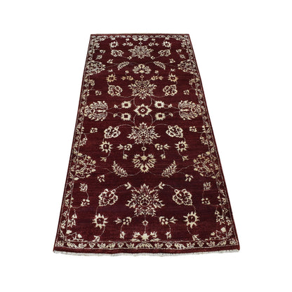 2'8"X6' Red Pure Wool Abarasque Design Hand Knotted Runner Rug