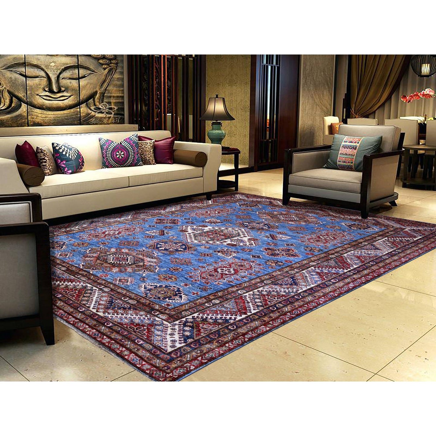 7'10"x10' Busty Blue Hand Knotted Wool Super Kazak Large Medallions Rug