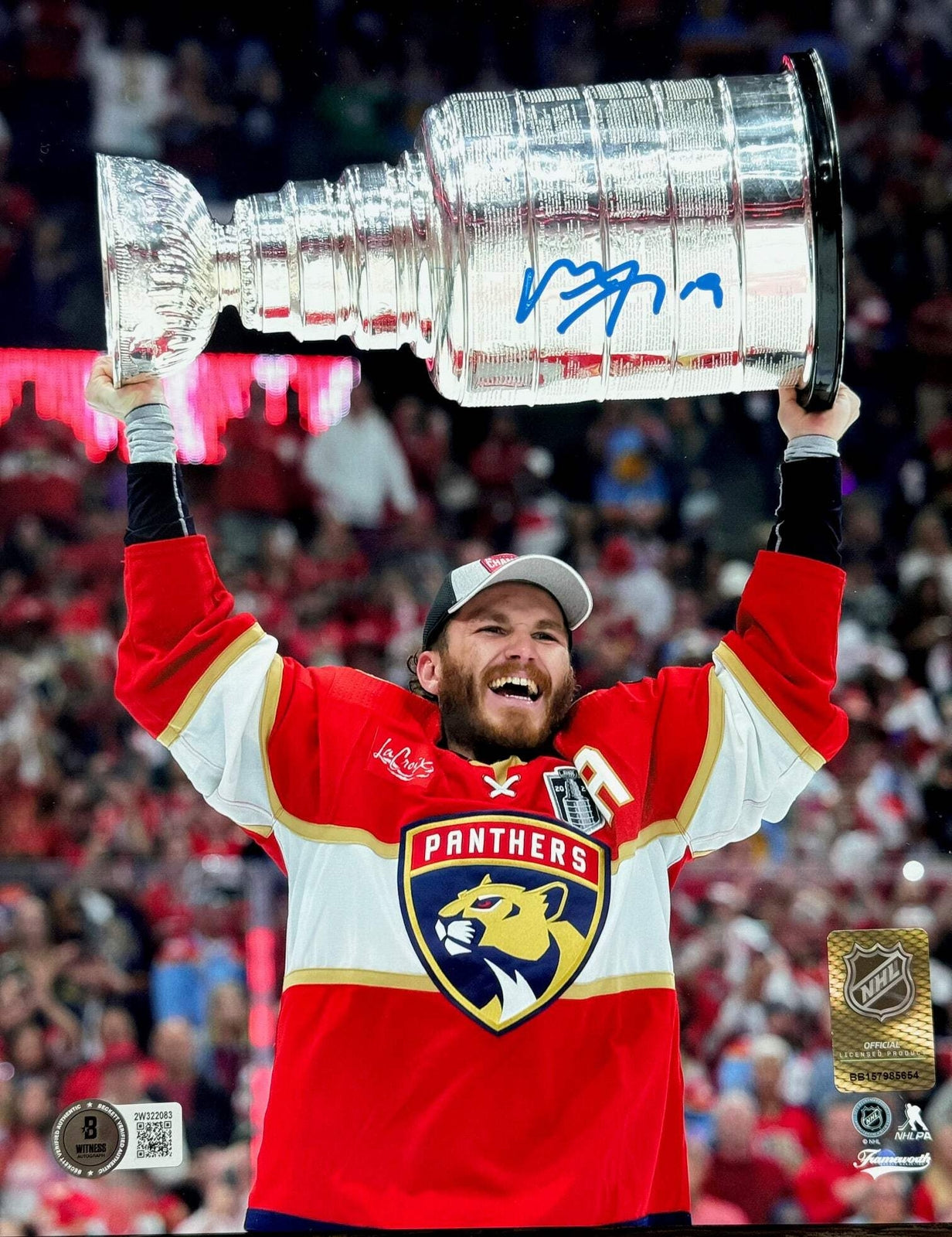 Matthew Tkachuk Autographed Panthers 8X10 Raising Stanley Cup (Beckett Witness)