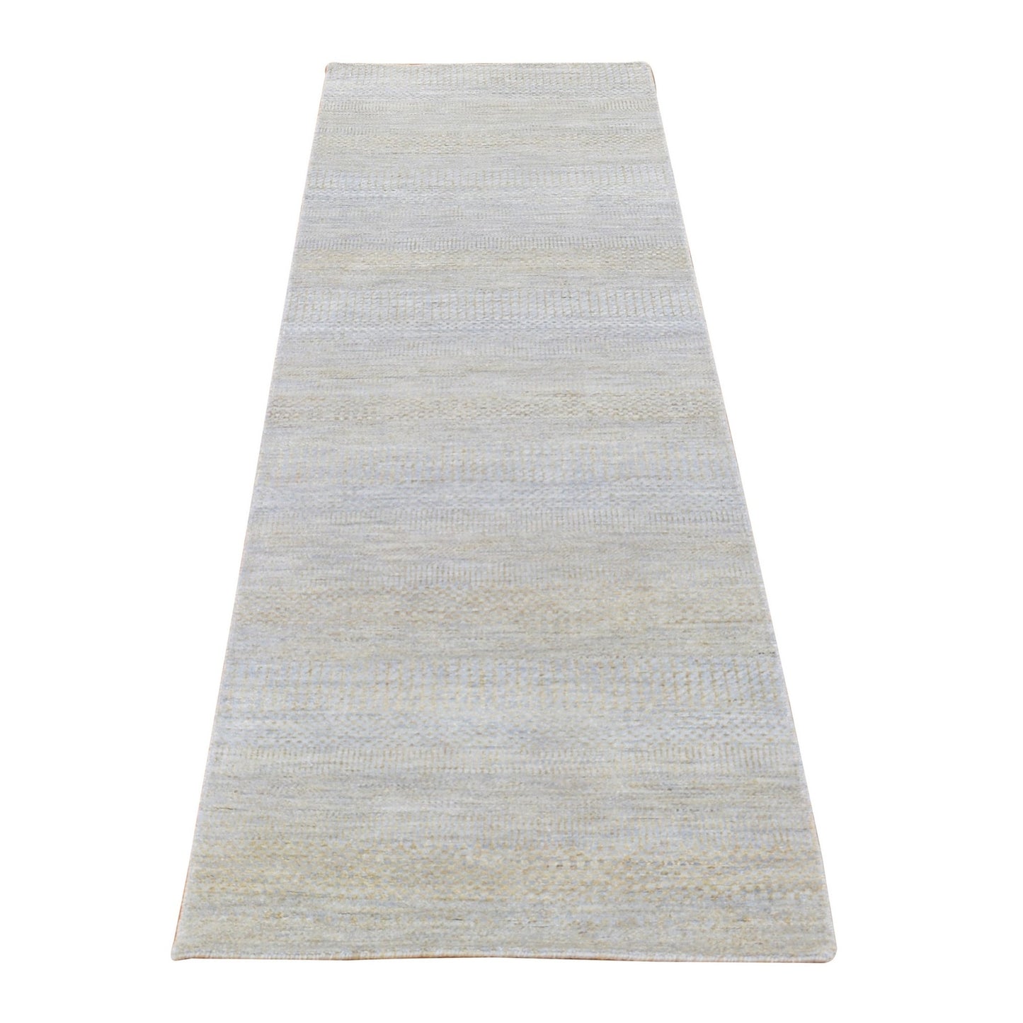 2'8"X9'1" Gray Modern Grass Design Hand Knotted Wool And Silk Runner Rug