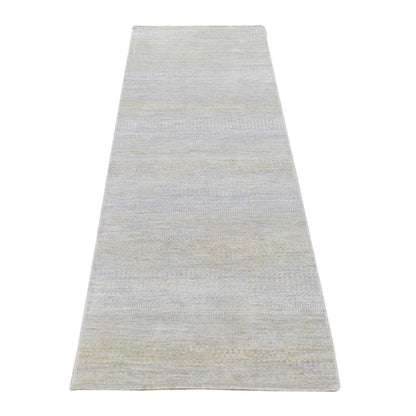 2'8"X9'1" Gray Modern Grass Design Hand Knotted Wool And Silk Runner Rug