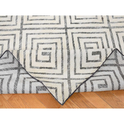 9'X12' Ivory Roman Key Squares Design Hand Knotted Silk With Wool Rug