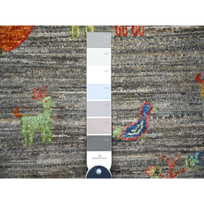 8'X9'5" Gray Folk Art Willow Cypress Tree Design Wool Hand Knotted Rug