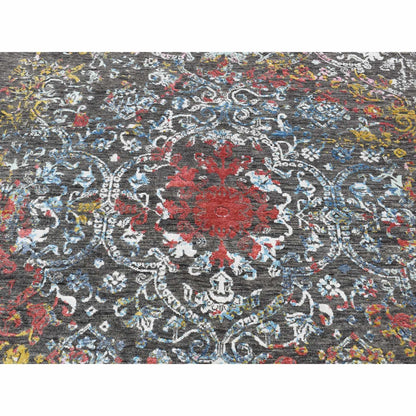 Rug 6'1"X9'2" Black Transitional Agra Design Wool and Silk Hand Knotted