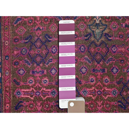3'4"X10'8" Purple Overdyed Hand Knotted Old Hamadan Wide Long Runner Rug