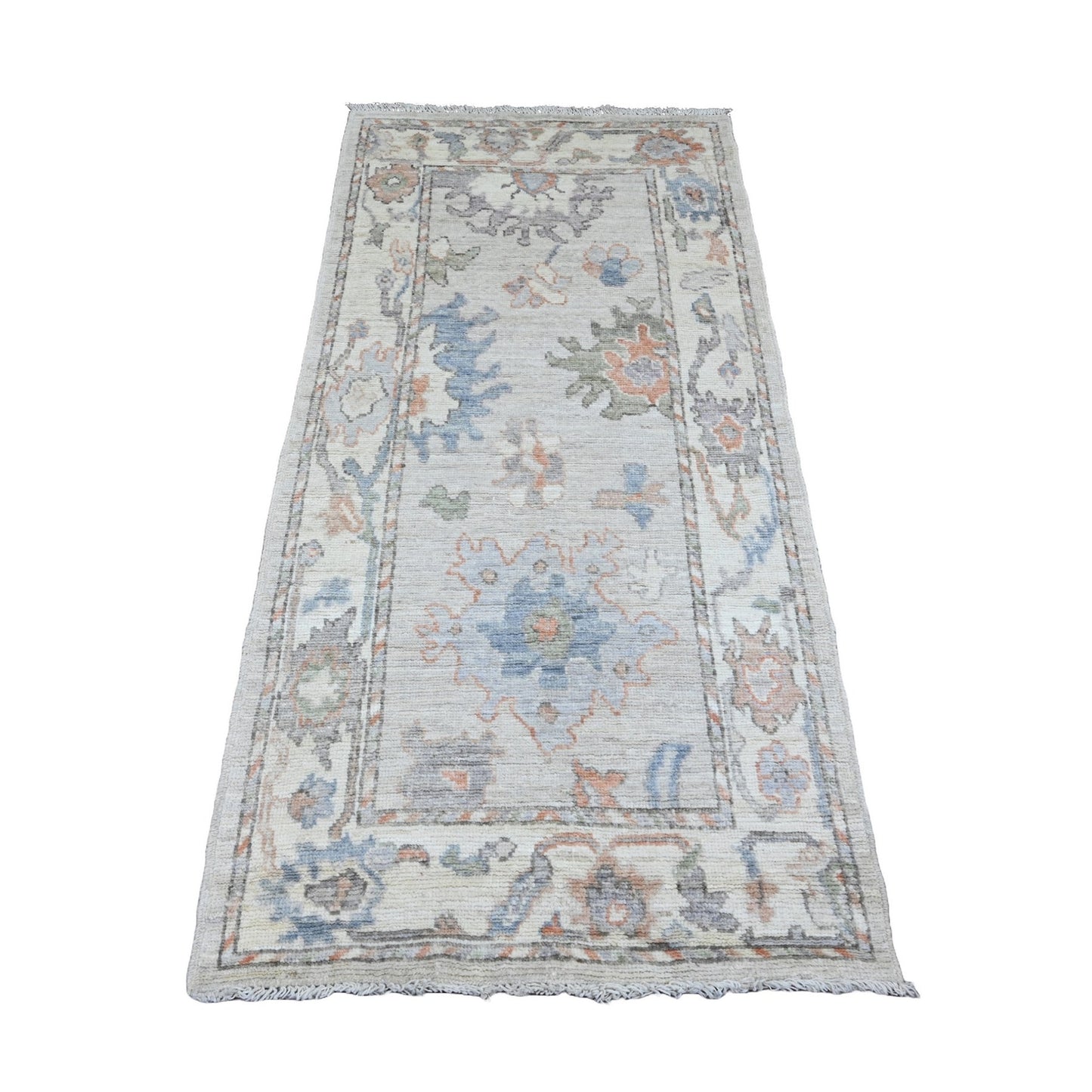 2'10"X5'10" Gray Hand Knotted Angora Oushak Leaf Design Wool Runner Rug