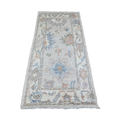 2'10"X5'10" Gray Hand Knotted Angora Oushak Leaf Design Wool Runner Rug