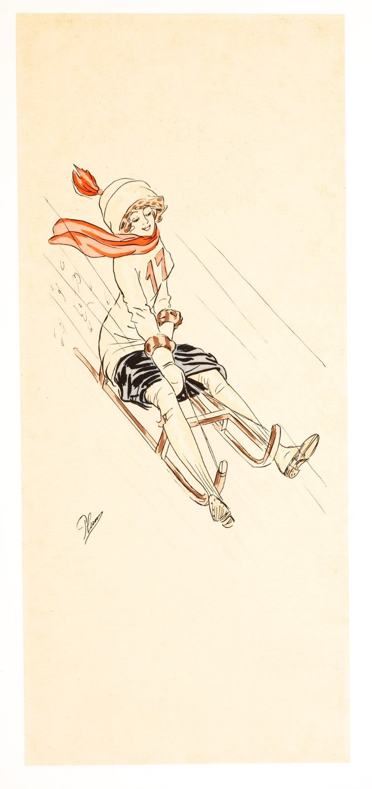 Luge (Sledding) Aquarelle Circa 1910 With Fashionable Lady By Plum