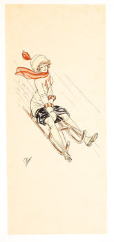 Luge (Sledding) Aquarelle Circa 1910 With Fashionable Lady By Plum
