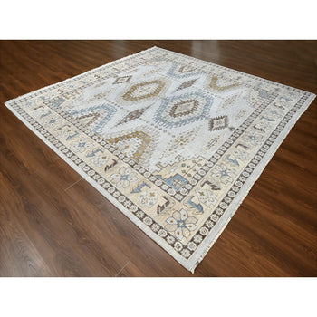 10'X10' Gray Zoroastrian Village Geometric Design Hand Knotted Square Rug