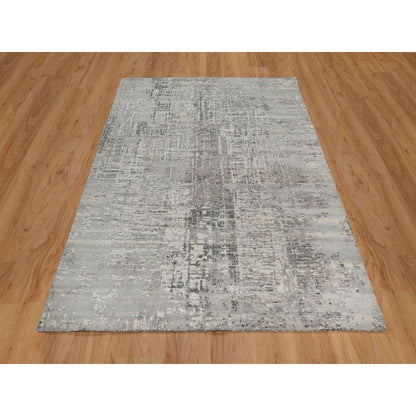 5'1"X7'1" Pastel Gray Hand Knotted Rug Modern Erased Design Natural Wool