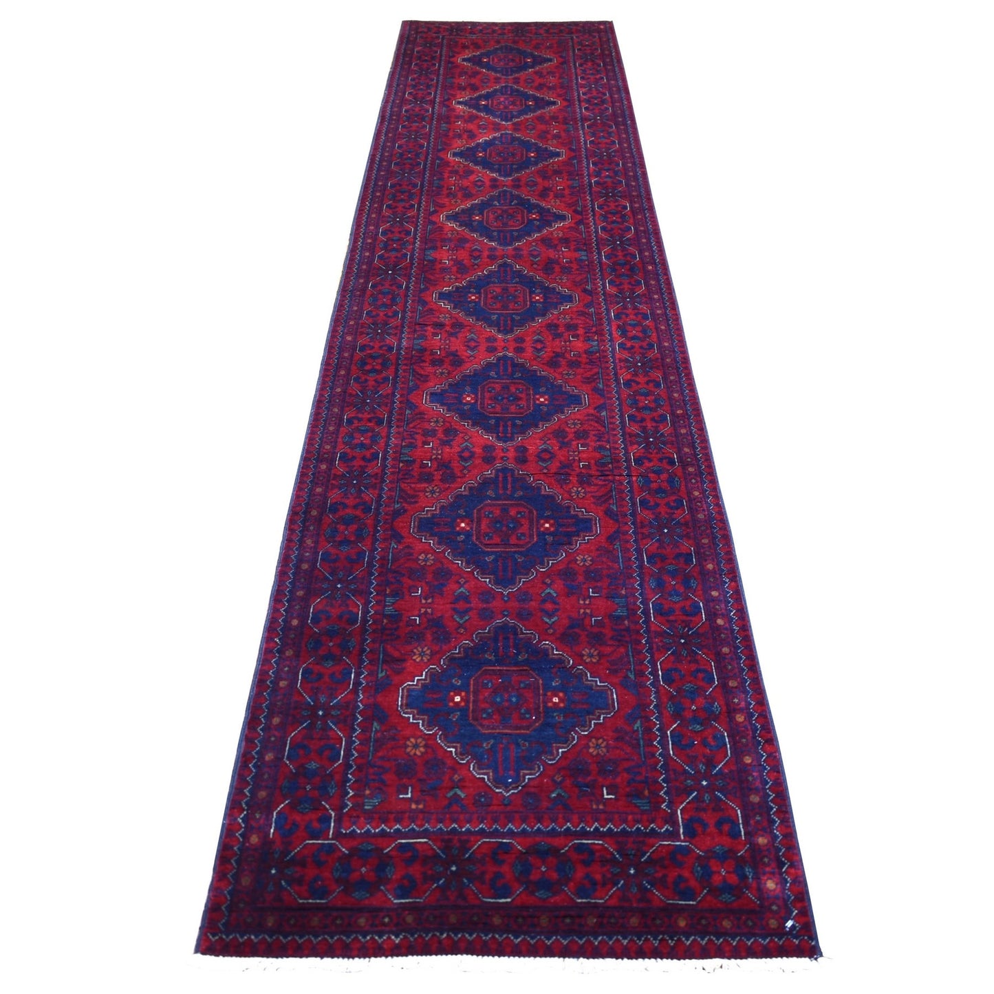 2'8"X12'6" Deep Red Hand Knotted Afghan Khamyab Pure Wool Runner Rug