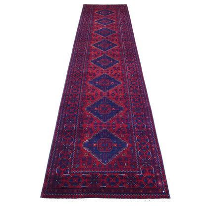 2'8"X12'6" Deep Red Hand Knotted Afghan Khamyab Pure Wool Runner Rug
