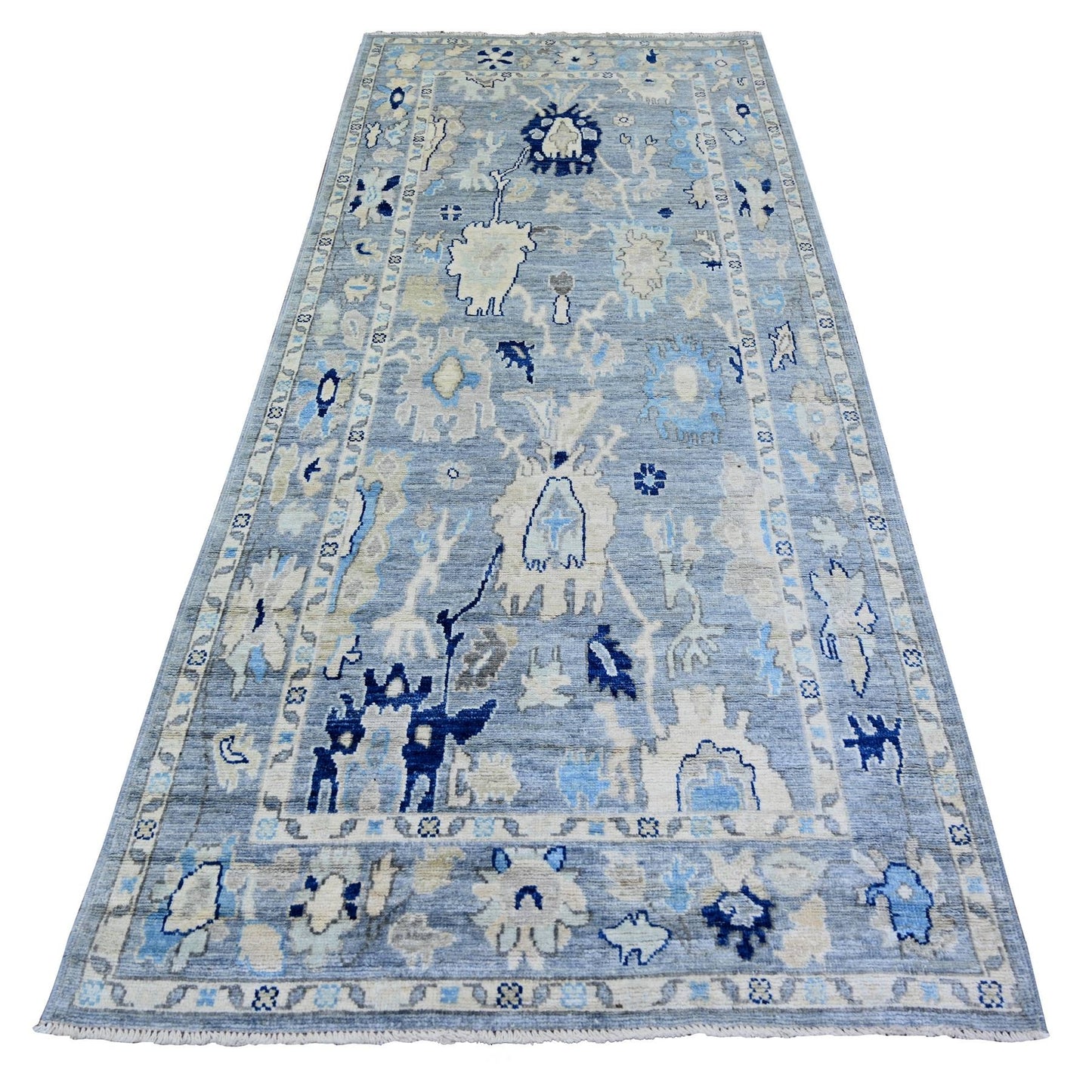 4'2"X9'5" Blue Afghan Angora Oushak Pure Wool Hand Knotted Runner Rug