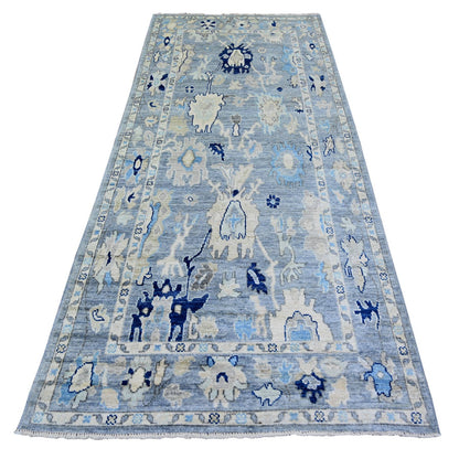 4'2"X9'5" Blue Afghan Angora Oushak Pure Wool Hand Knotted Runner Rug