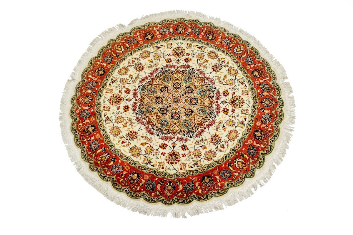 Extra Fine Hand-Knotted Floral Kork Wool & Silk Round Rug Oriental Carpet 5X5 ft
