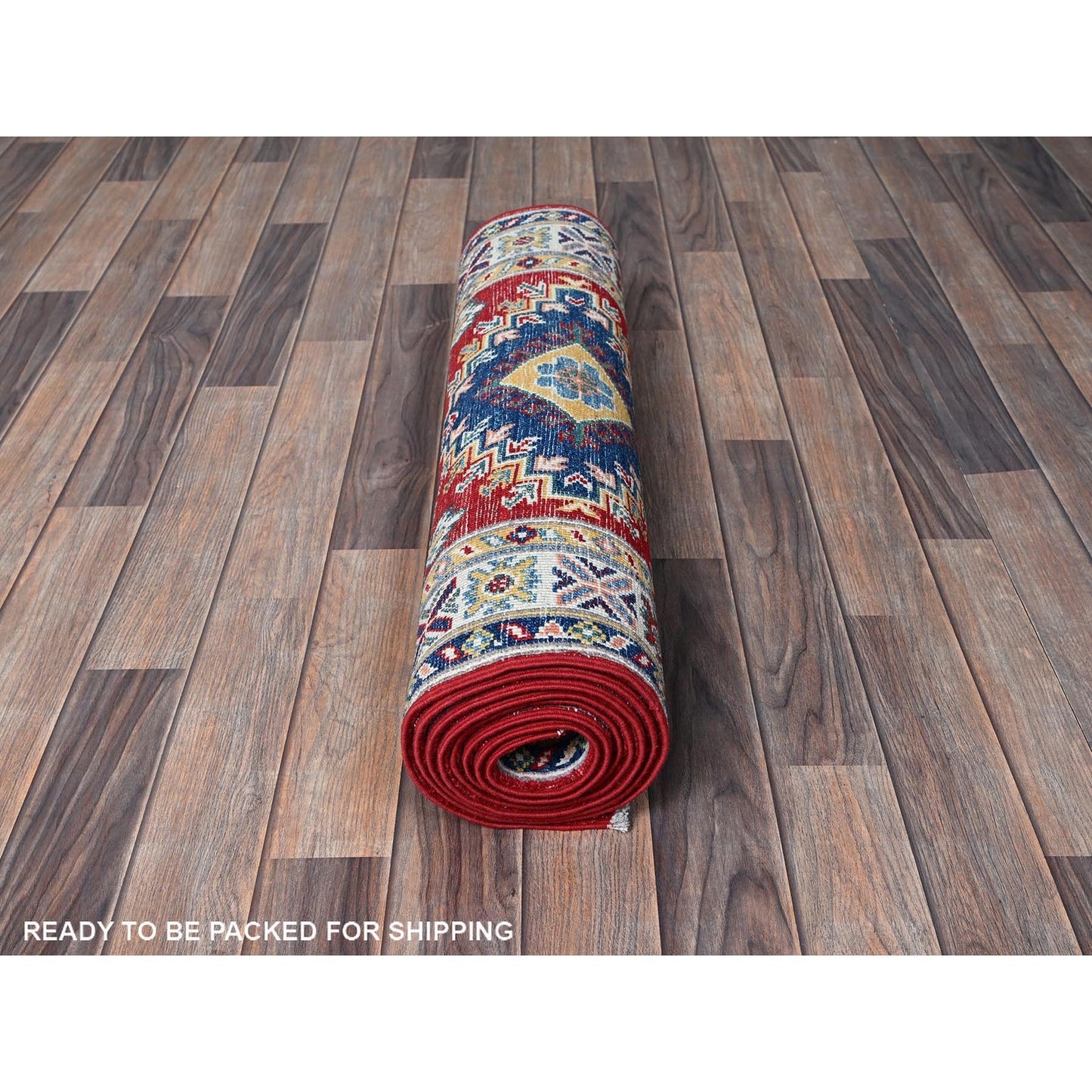 2'9"X9'8" Red Kazak With Geometric Design Soft Wool Hand Knotted Runner Rug