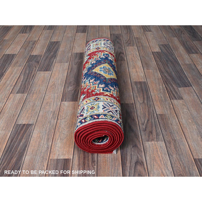 2'9"X9'8" Red Kazak With Geometric Design Soft Wool Hand Knotted Runner Rug