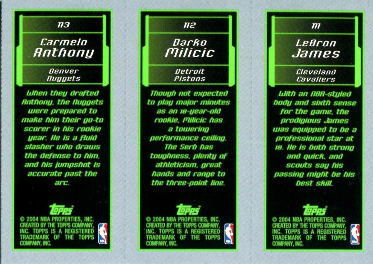 Lebron James, Carmelo Anthony, & Darko Milicic 2004 Topps Unsigned M3 Card