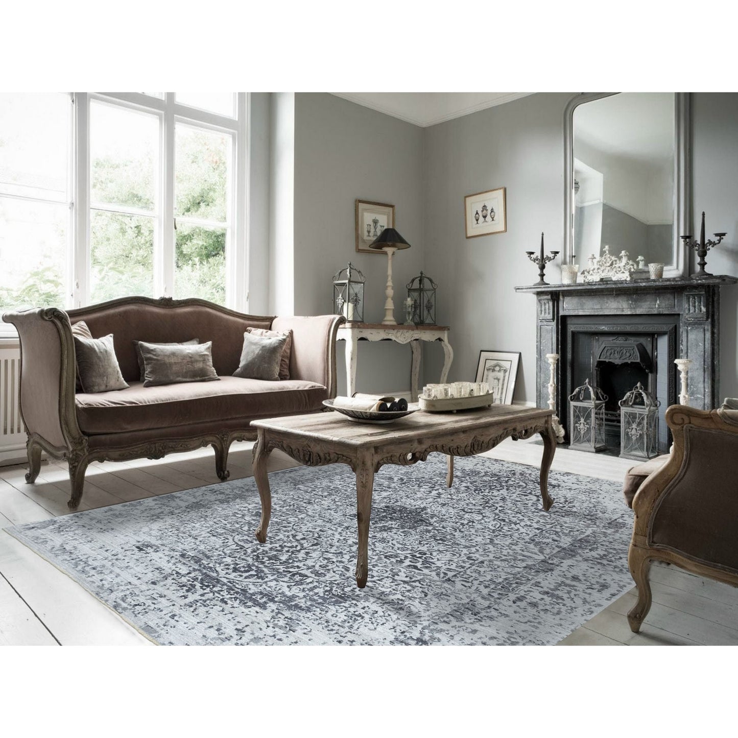 8'X10'1" Hand Knotted Grey Broken Farsian Design Wool And Pure Silk Rug