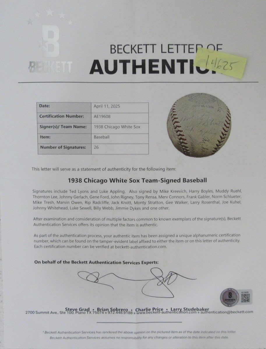 1938 Chicago White Sox Team Signed Baseball (26 Signatures) Beckett 198607