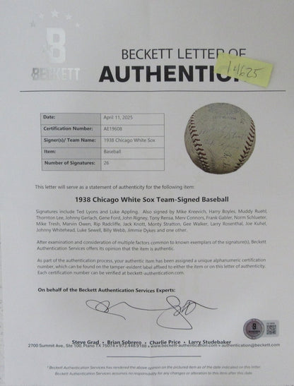 1938 Chicago White Sox Team Signed Baseball (26 Signatures) Beckett 198607