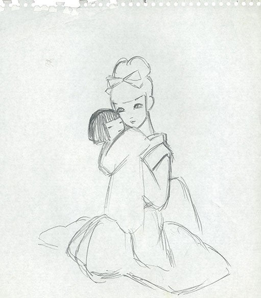 Girl in kimono with doll original pencil drawing sketch double sided by Rune Naito