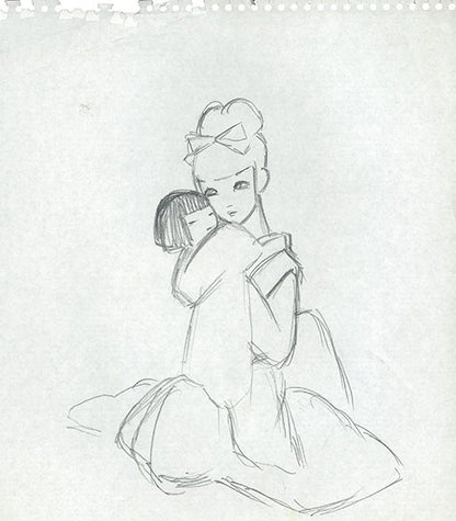 Girl in kimono with doll original pencil drawing sketch double sided by Rune Naito