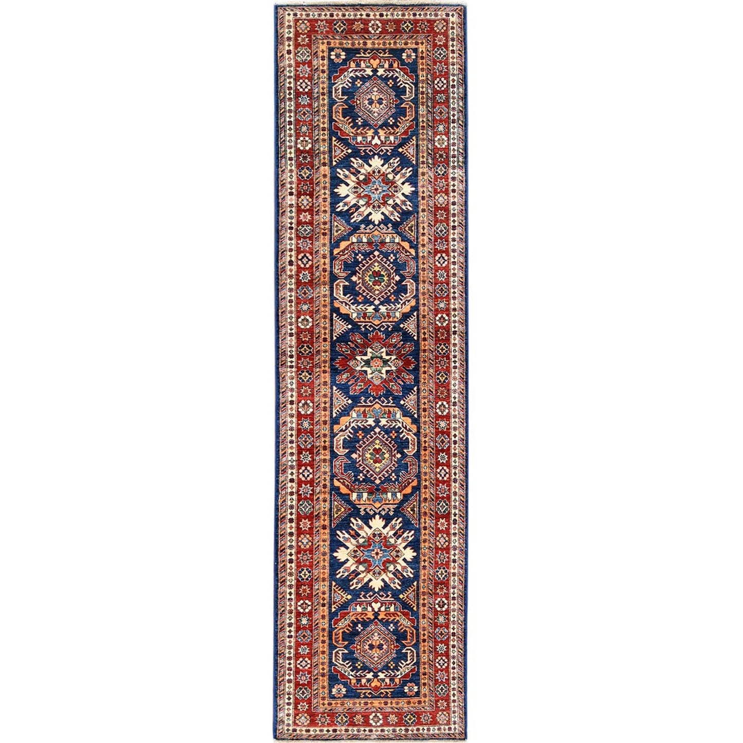 2'10"X11' Shiny Wool Hand Knotted Navy Blue Afghan Super Kazak Runner Rug