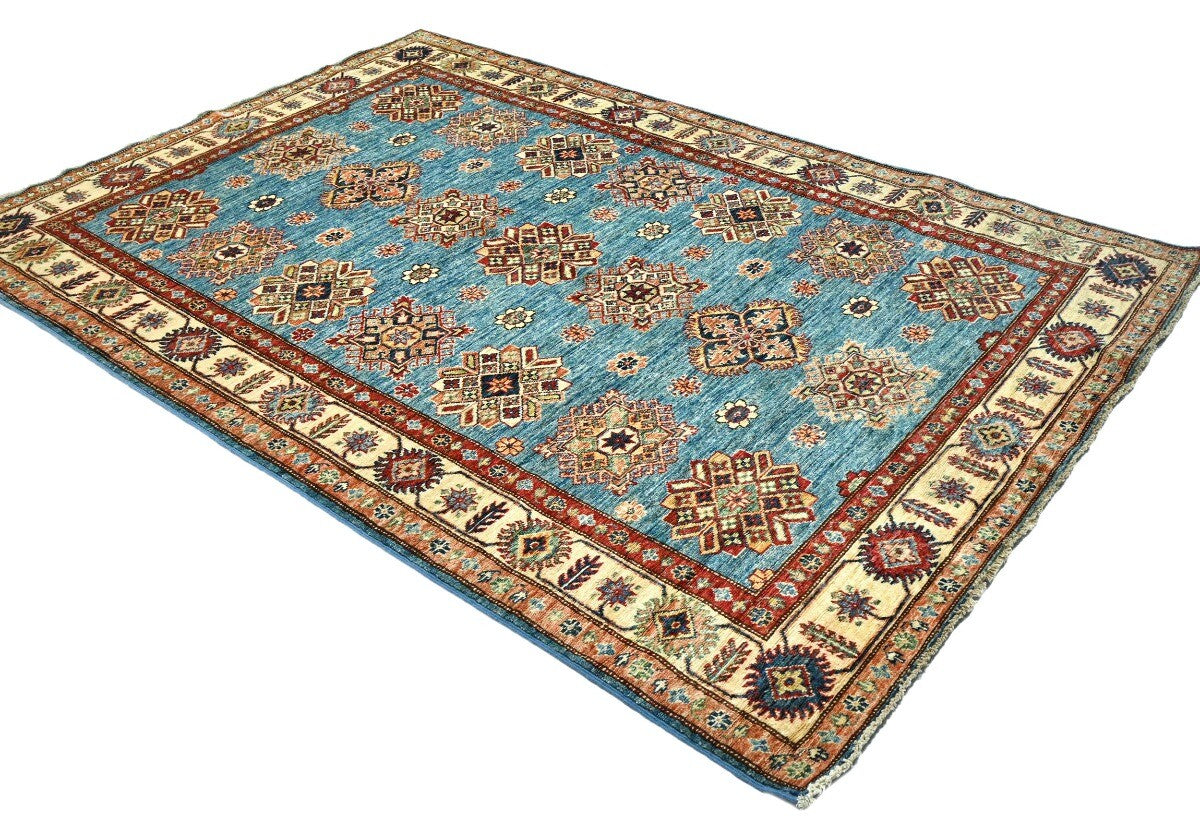 Tribal Geometric Kazak Area Rug Blue Farmho Boho
