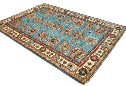Tribal Geometric Kazak Area Rug Blue Farmho Boho