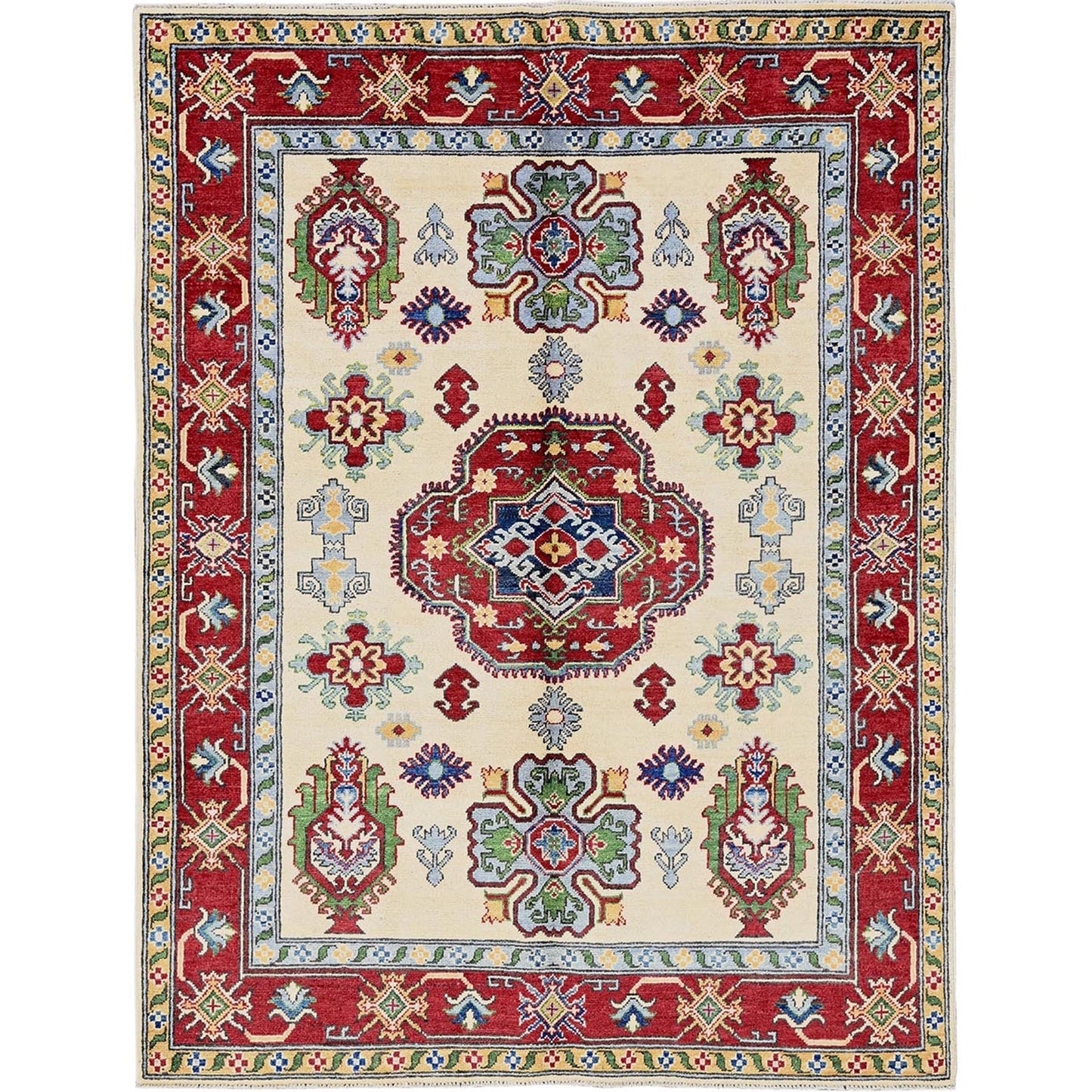 5'X6'6" Chiffon White Kazak With Geometric Design Hand Knotted Wool Rug