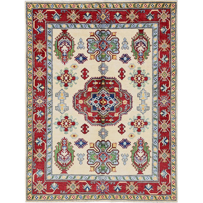 5'X6'6" Chiffon White Kazak With Geometric Design Hand Knotted Wool Rug