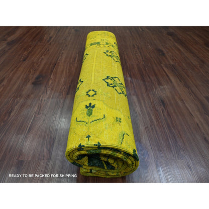 8'1"X9'5" Golden Yellow Overdyed Kazak Star Design Wool Hand Knotted Rug