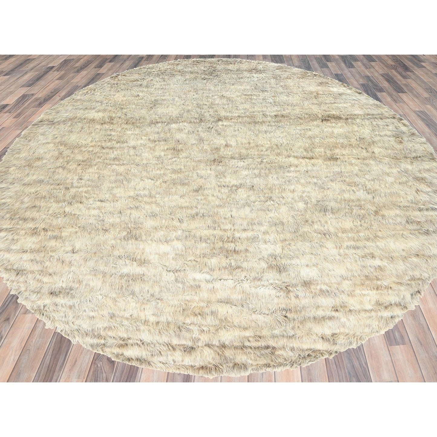 13'6"X13'6" Beige Shaggy Moroccan Wool Hand Knotted Round Rug
