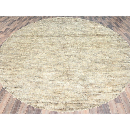 13'6"X13'6" Beige Shaggy Moroccan Wool Hand Knotted Round Rug