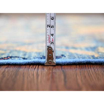 2'9"X23'4" Blue Hand Knotted Peshawar Birds Design Soft Wool Runner Rug