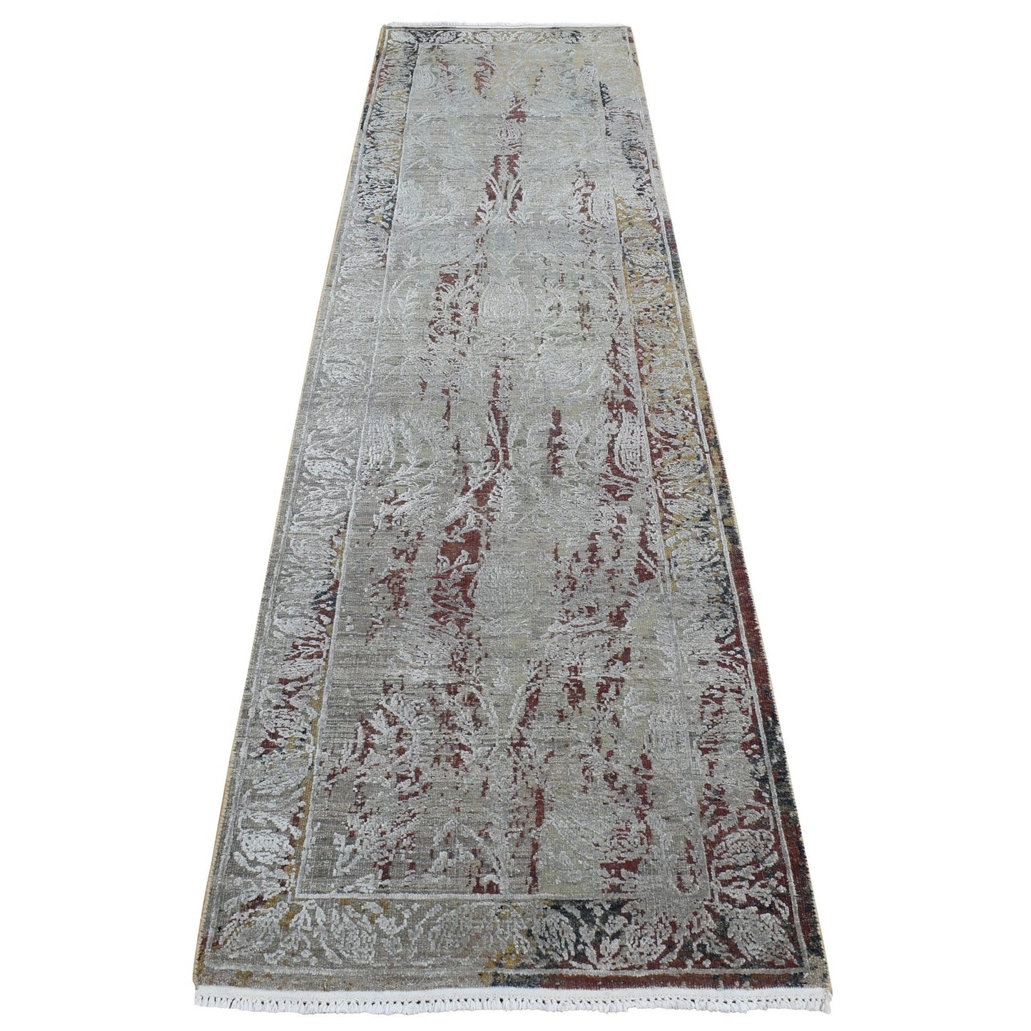 2'6"X9'10" Gray Erased Tulip Design Silk/Wool Hand Knotted Runner Rug