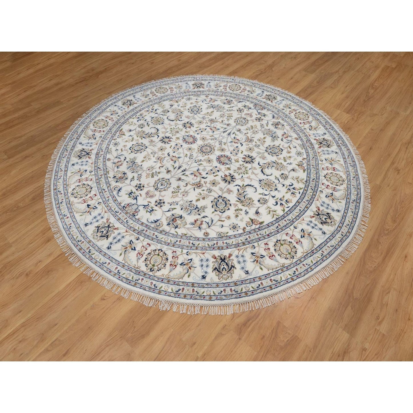 7'10"X7'10" Ivory Nain Floral Pattern Wool & Silk Hand Knotted Round Rug
