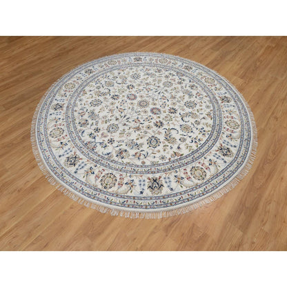 7'10"X7'10" Ivory Nain Floral Pattern Wool & Silk Hand Knotted Round Rug